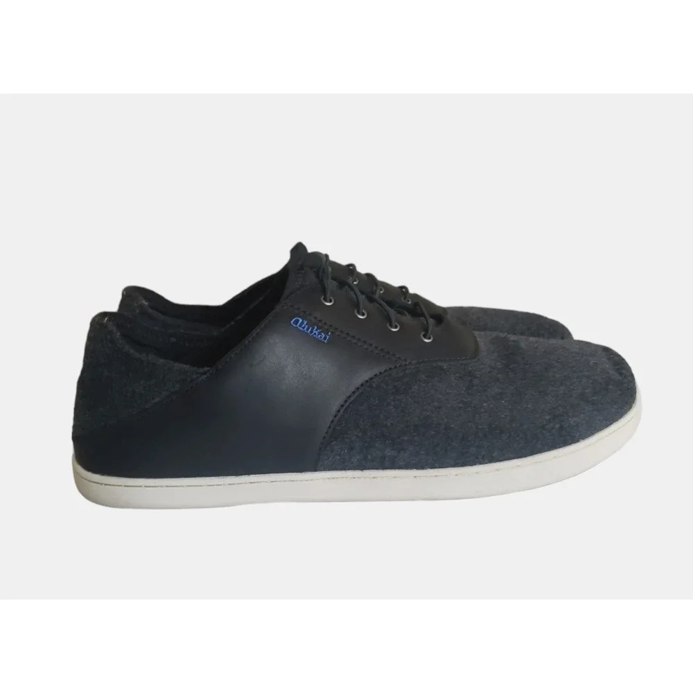 Olukai Nohea Moku Hulu Shoes Men's 12 Gray Black Leather Wool Slip On Sneakers